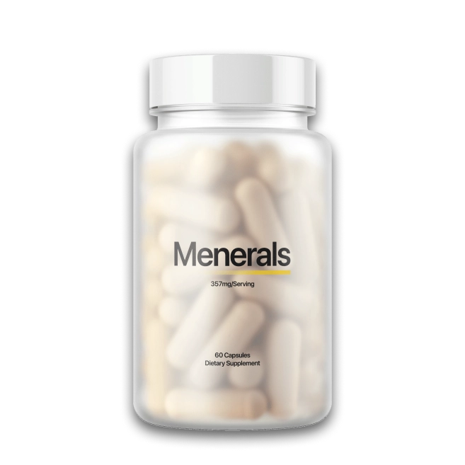 Clear bottle labeled 'Menerals' containing white capsules.