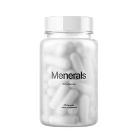 A bottle labeled 'Menerals' containing white capsules.