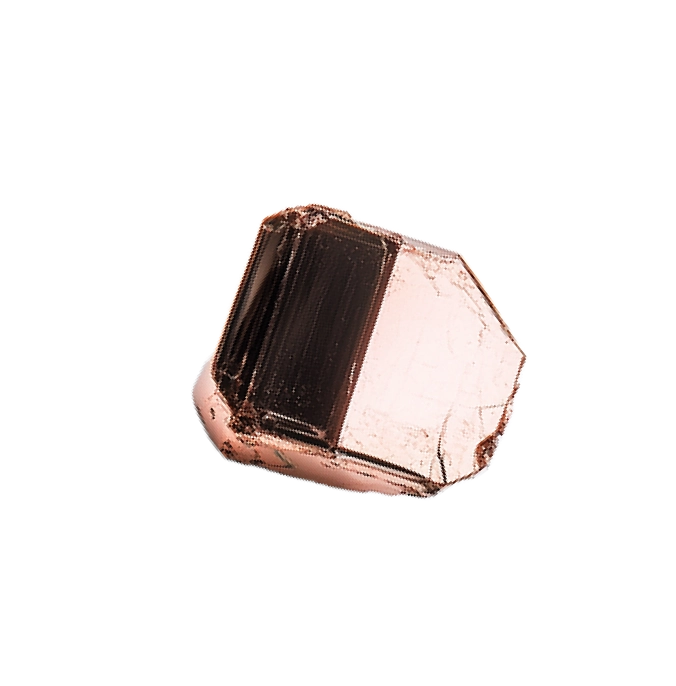 A transparent crystal with a dark central band on a white background.