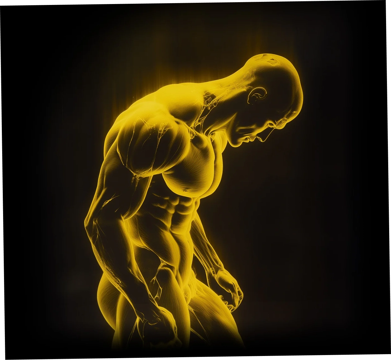 Glowing yellow muscular figure with detailed anatomy against a dark background.