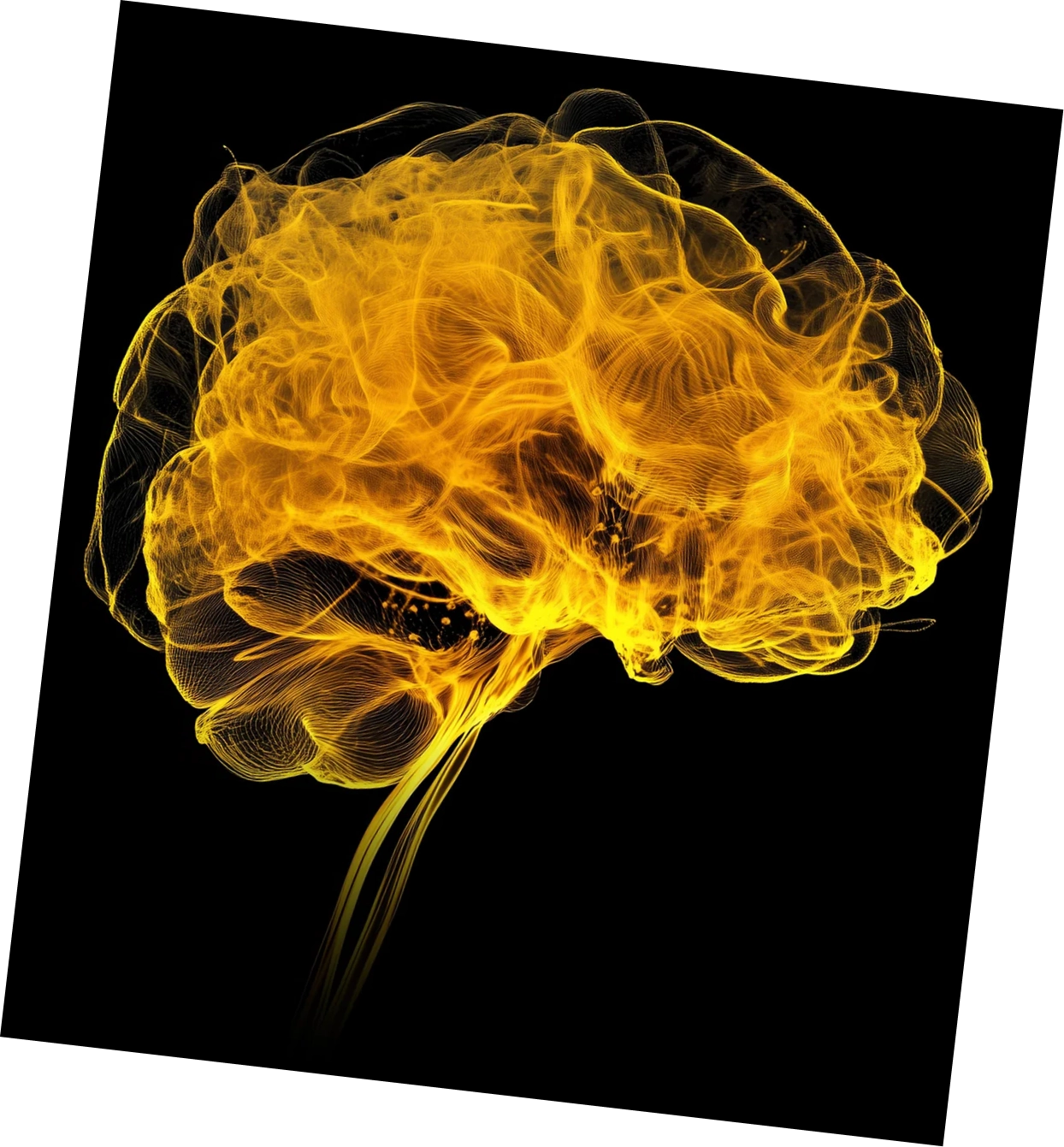 Abstract yellow brain illustration on black background.