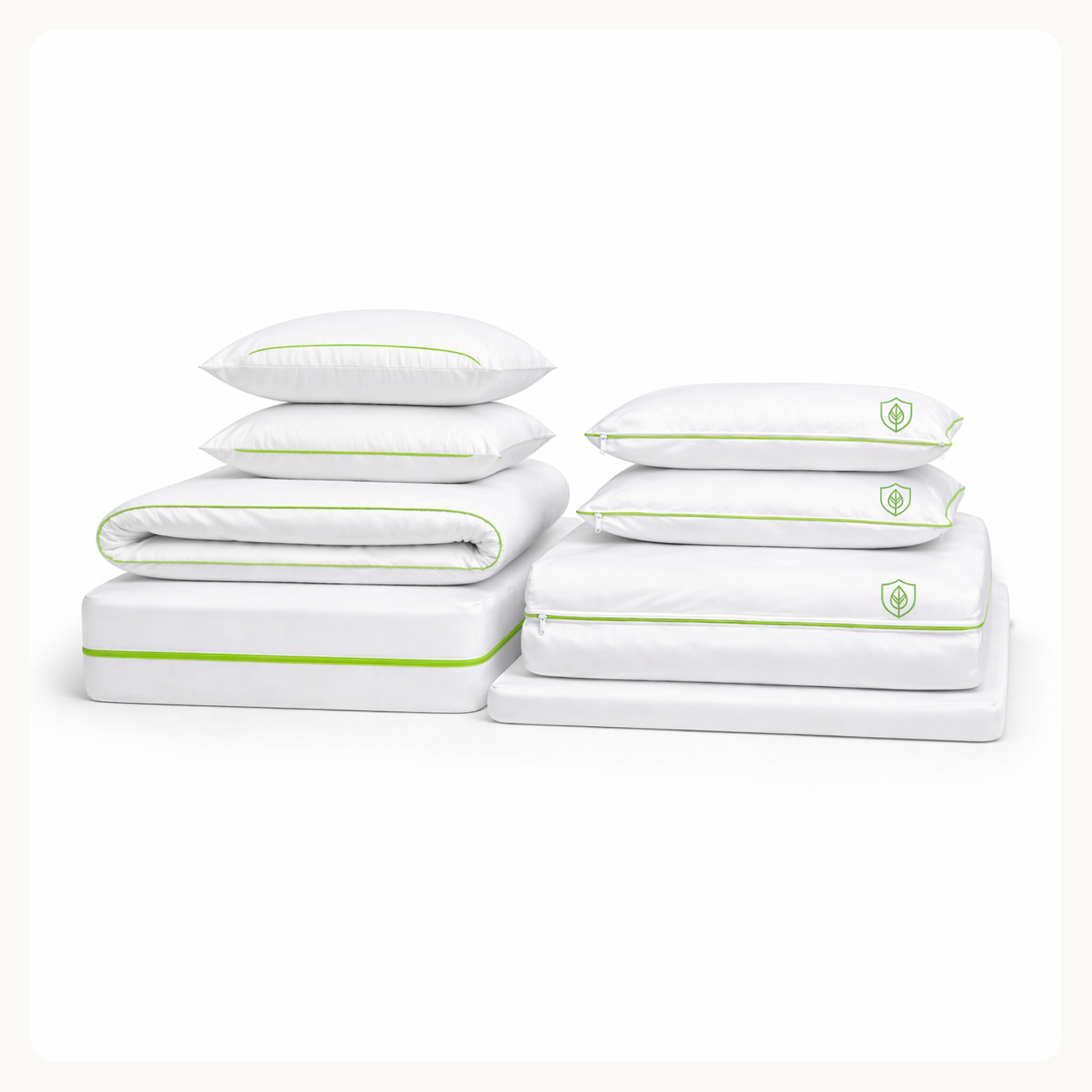 A white mattress with a thin, lime green stripe around the edge, on a white background.