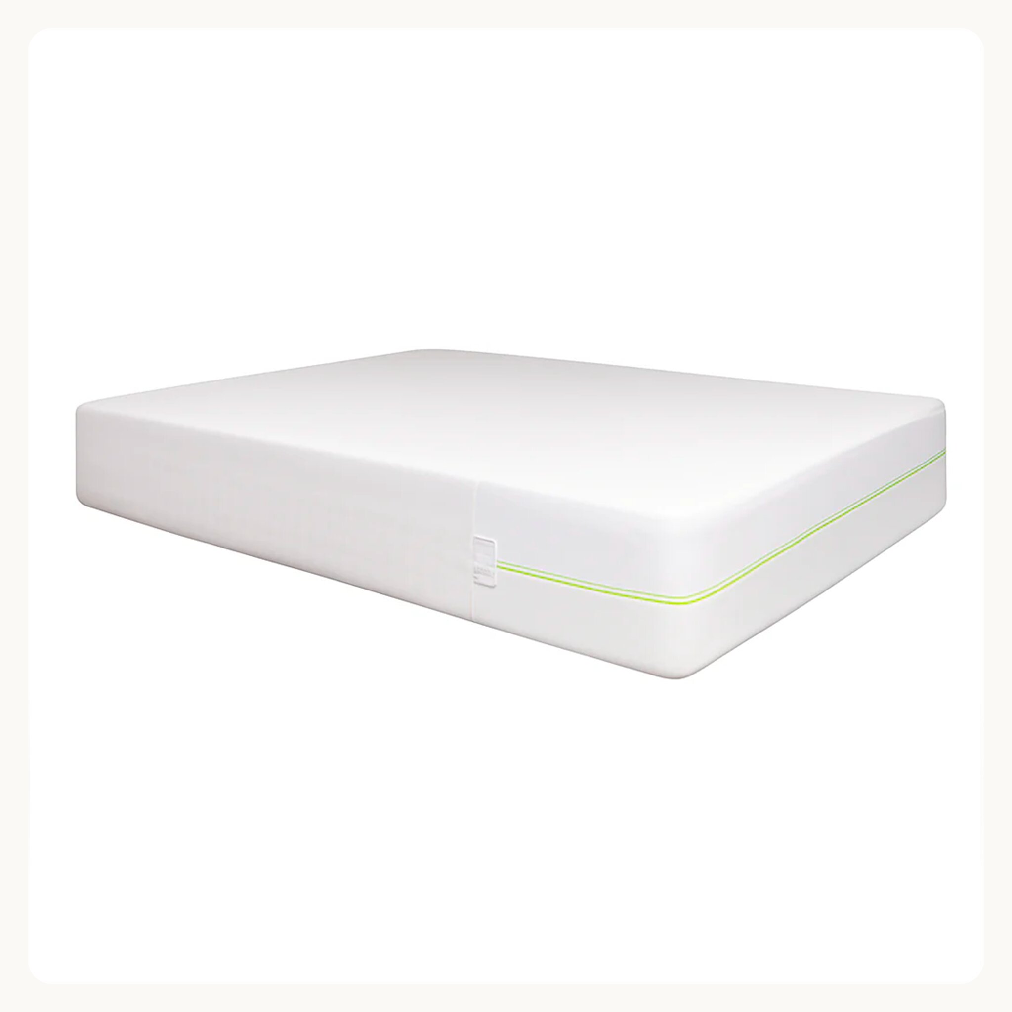 A white mattress with a thin, lime green stripe around the edge, on a white background.