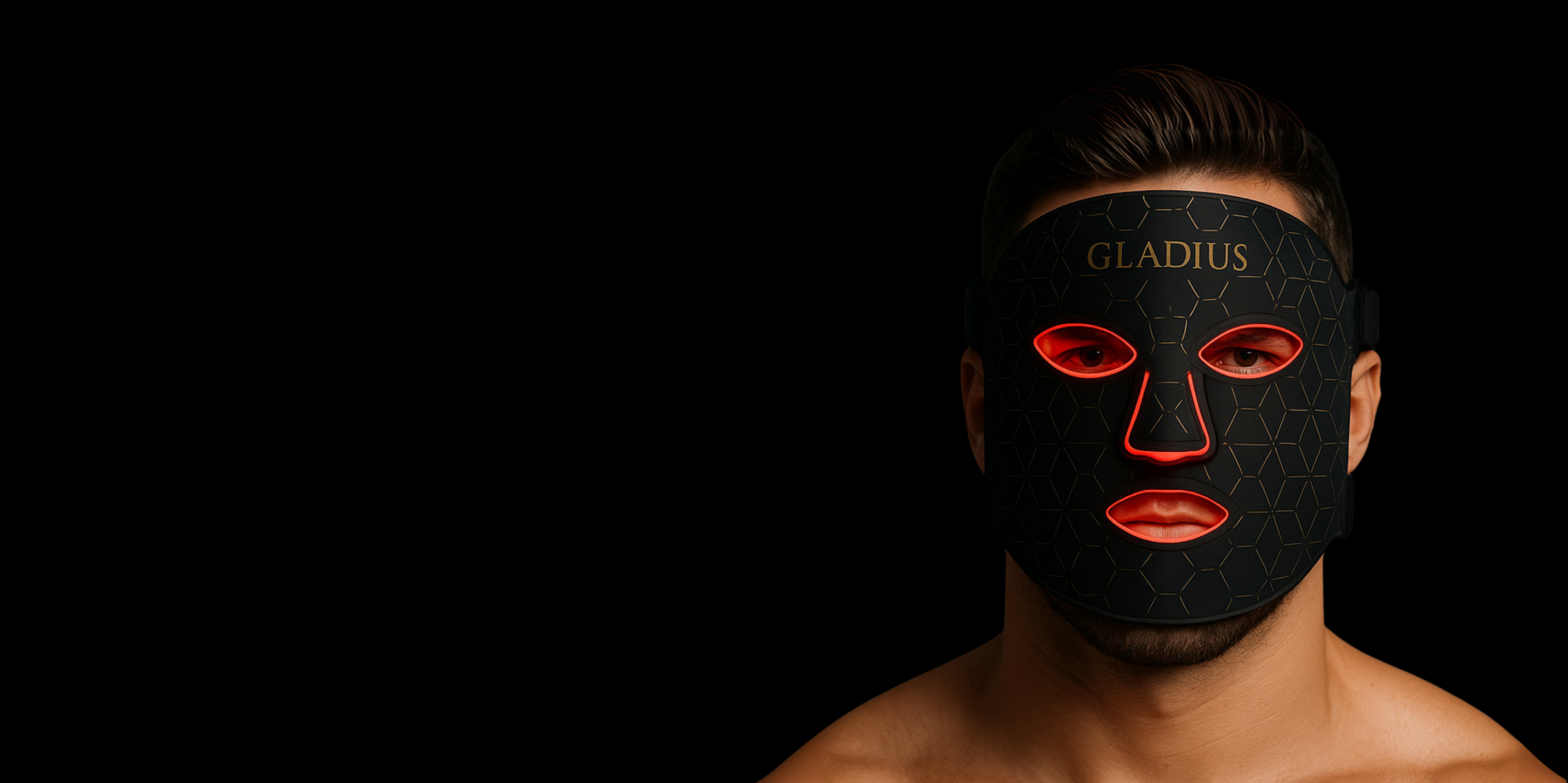 Person wearing a black mask with red outlines and geometric patterns.