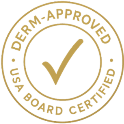 Gold seal with 'Derm-Approved USA Board Certified' and a check mark.