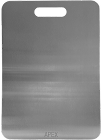 Gray metal luggage tag with rounded edges and rectangular cutout.