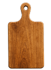 Wooden cutting board with a handle, isolated on black background.