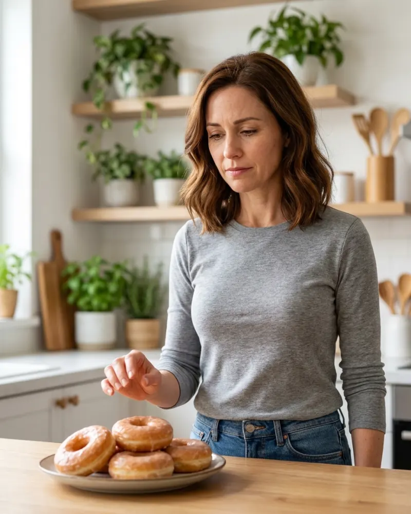 Woman in her kitchen eyeing a plate of donuts