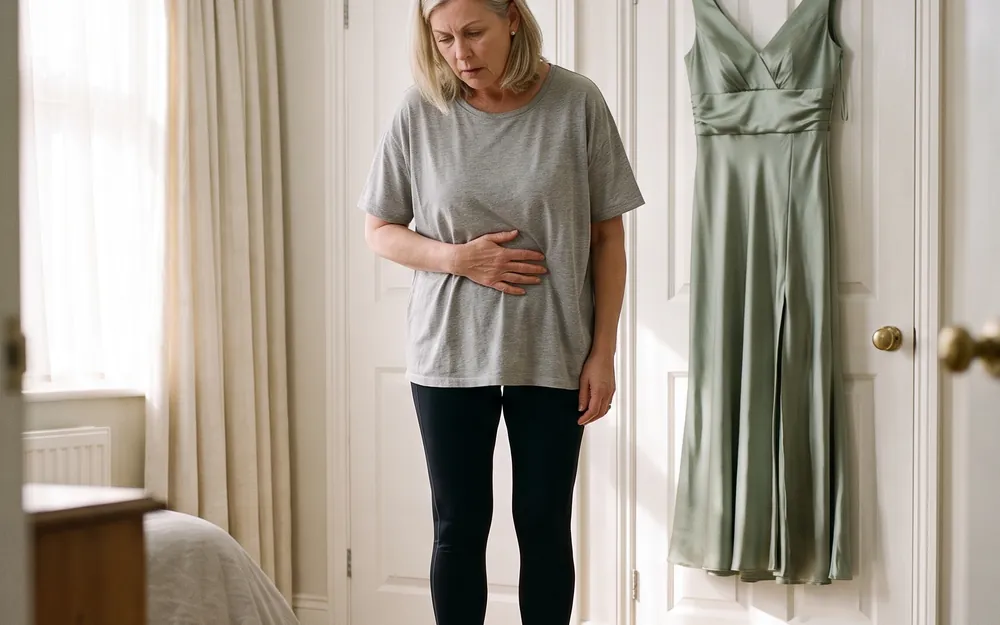 A woman on a bathroom scale with a bridesmaid dress hanging behind her