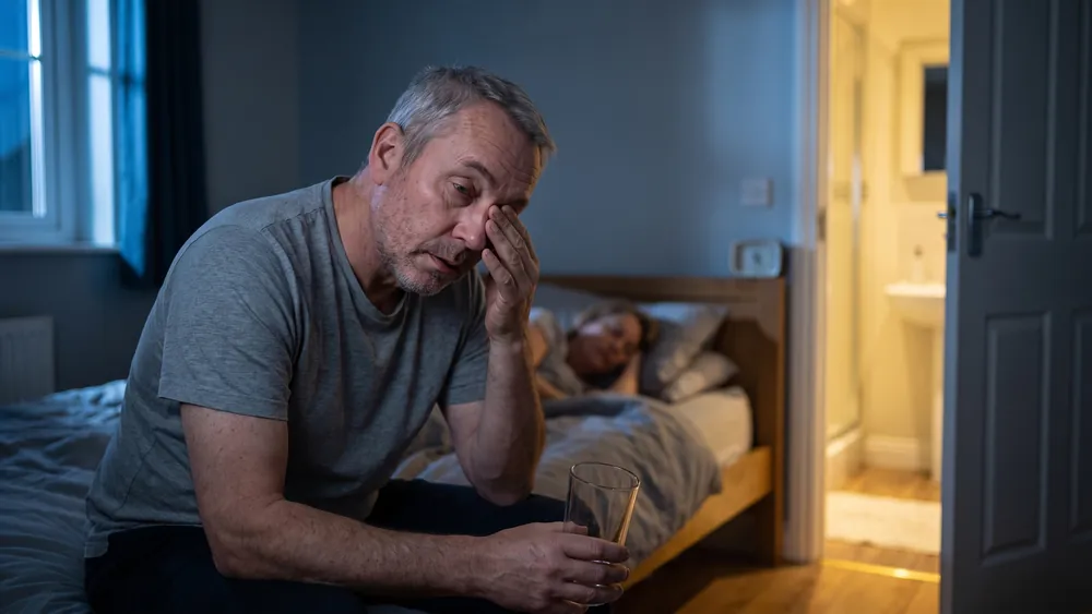 A tired man sitting on the edge of his bed at night holding an empty glass