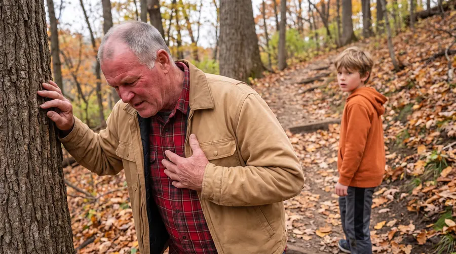 Tom bent over on a wooded trail with a hand on his chest while his grandson looks back, frightened