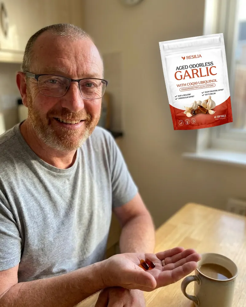 The same man smiling at his kitchen table in the morning