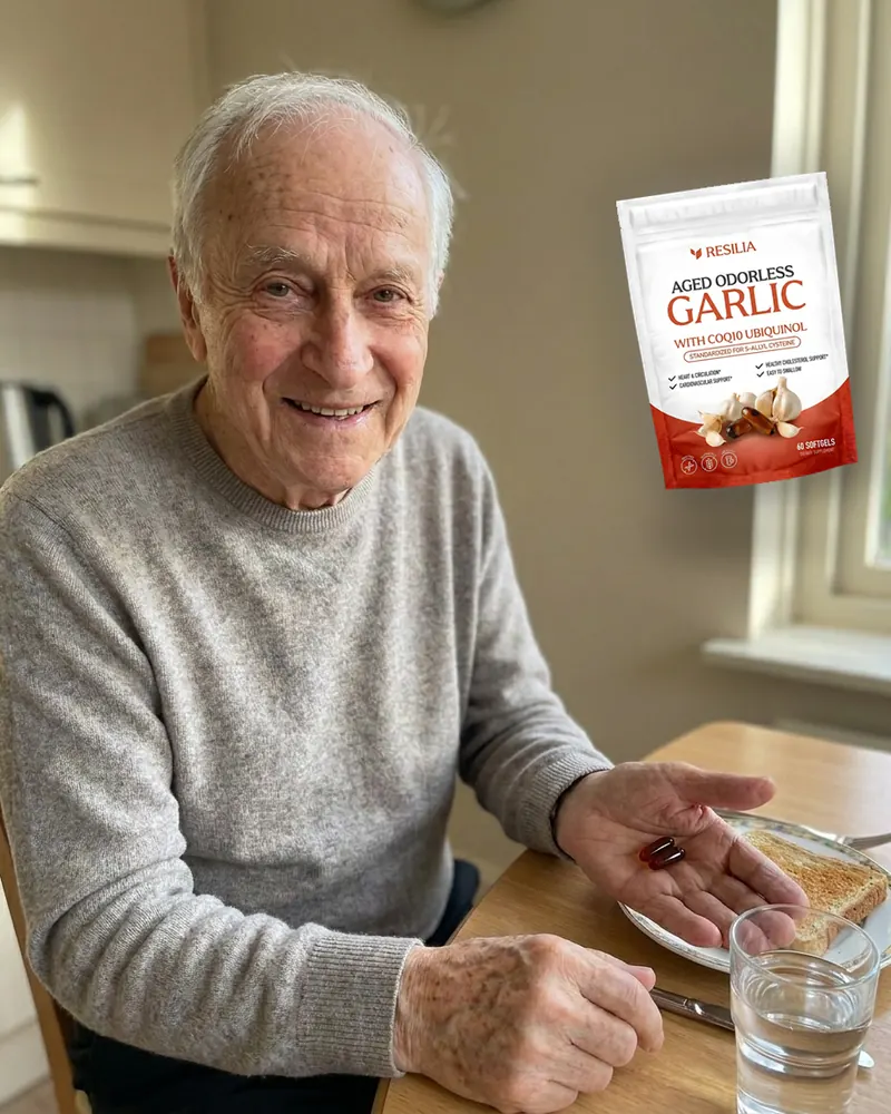 The same older man smiling at his kitchen table in the morning