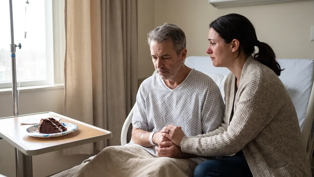 A daughter holding her father's hand at his hospital bedside