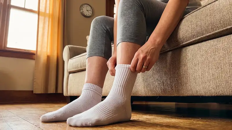 Woman rolling down her sock at 4PM, revealing deep sock lines