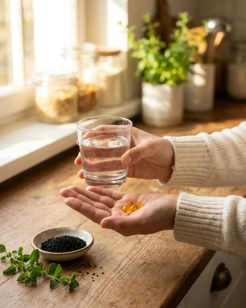 Hand holding two softgels and a glass of water, oregano and black seed on the counter