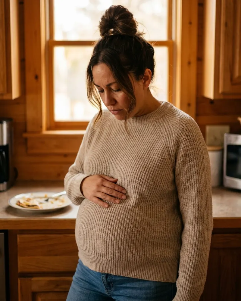 Woman in her kitchen with a hand on her bloated stomach after dinner