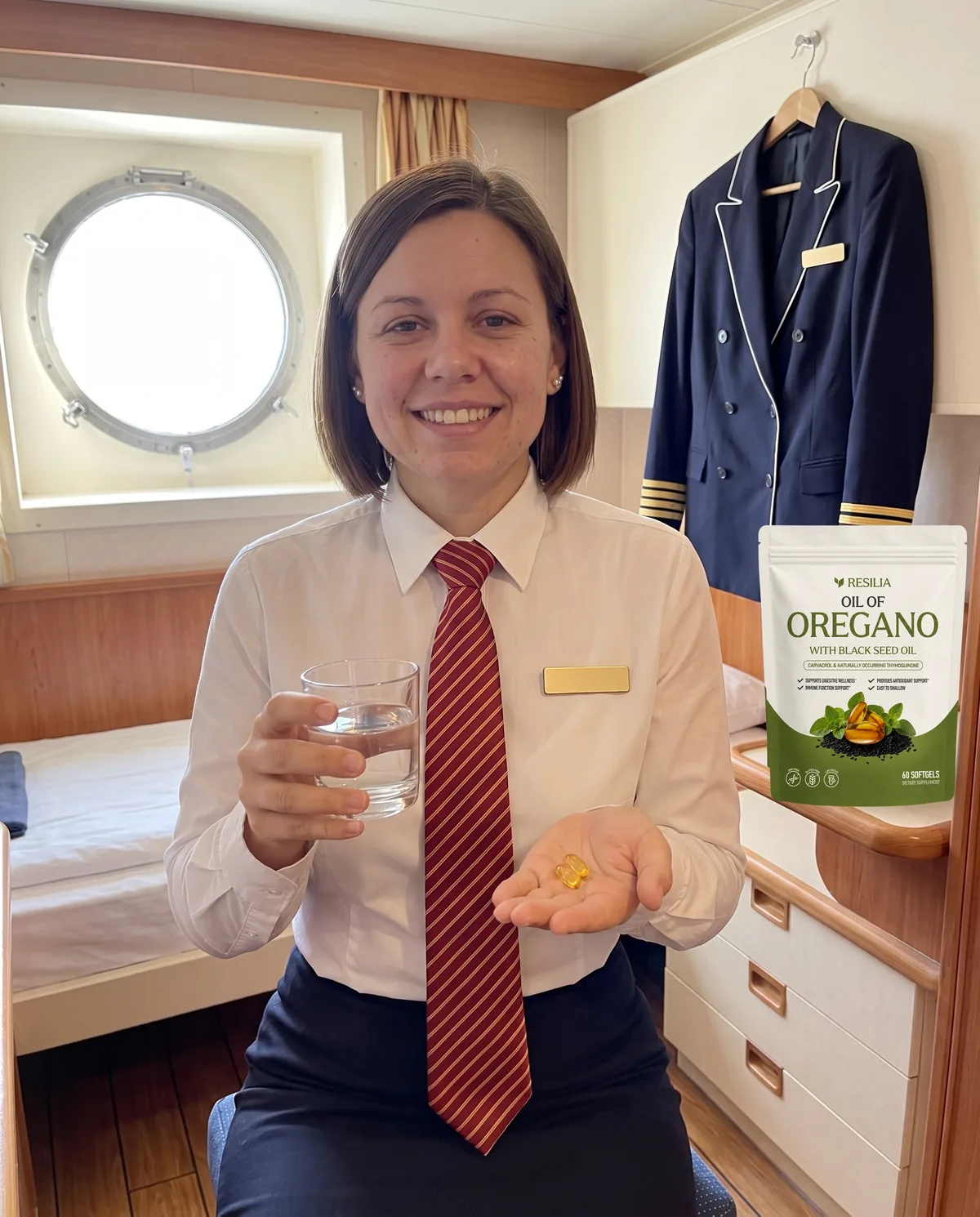The attendant taking two softgels with water in her cabin before her shift