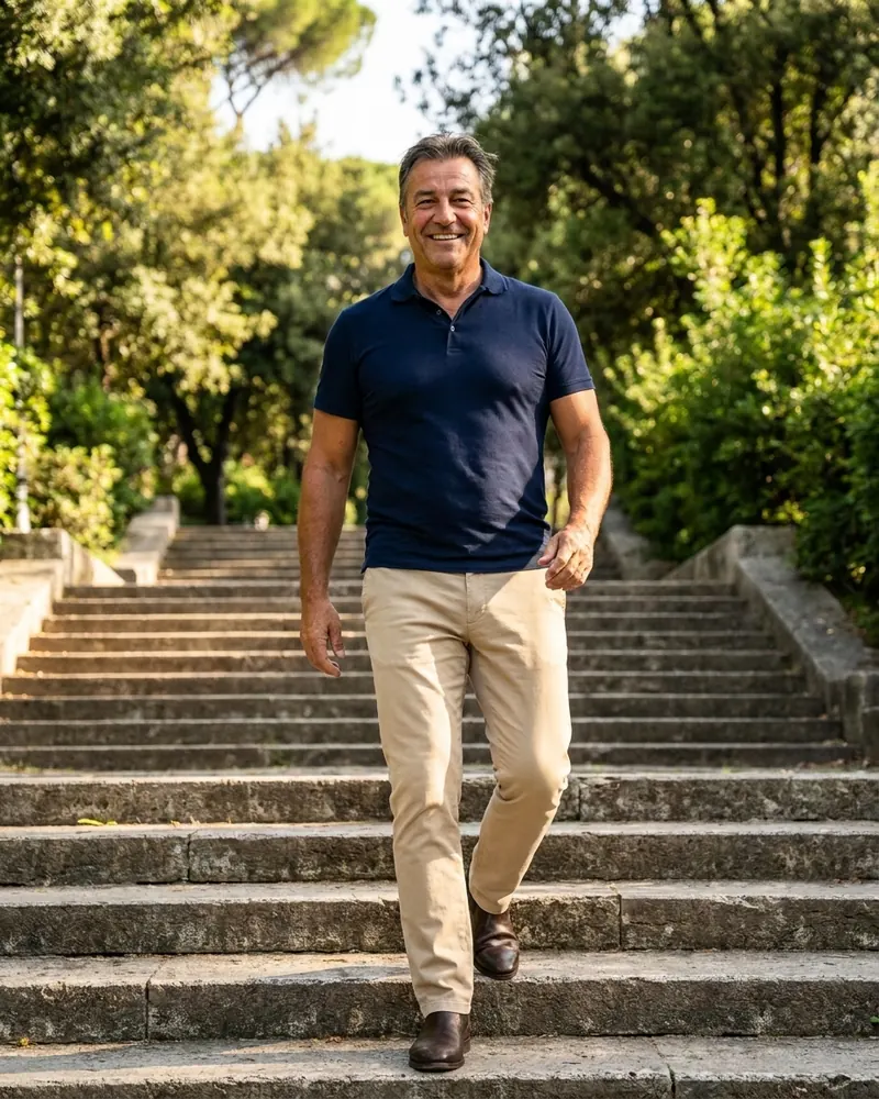 The dad walking briskly down park steps in the morning