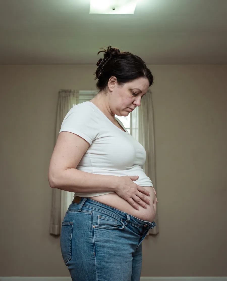 Bloated stomach pushing over jeans