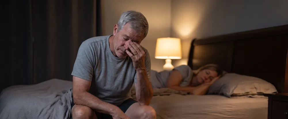 A man sitting on the edge of his bed in the middle of the night, head in his hand