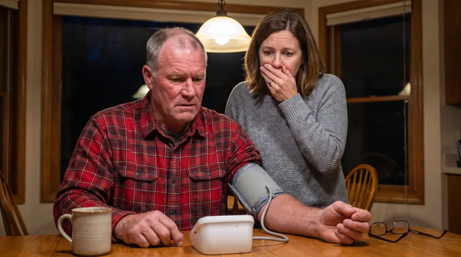 Tom at his kitchen table with a blood pressure cuff on his arm while his daughter looks at the monitor in shock