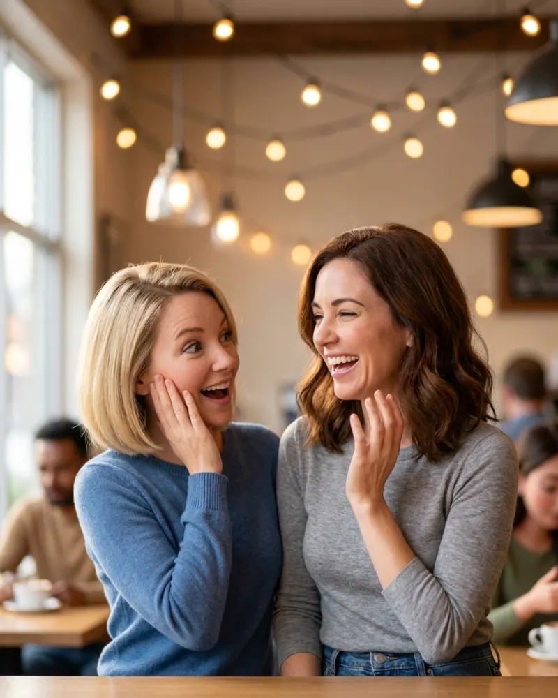 Two friends laughing together in a cafe