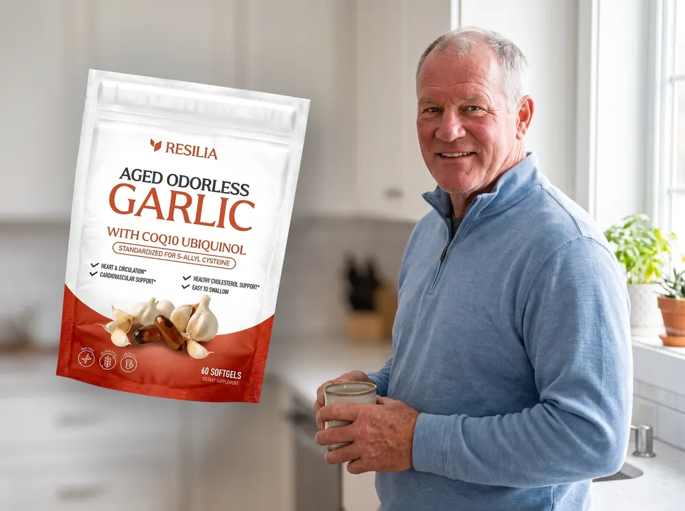 Tom in his kitchen with the Resilia Aged Odorless Garlic pouch