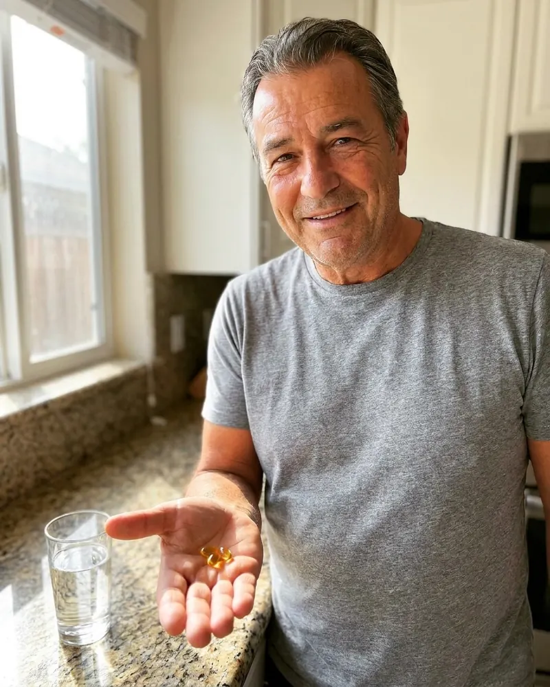 The dad holding two amber softgels in his palm