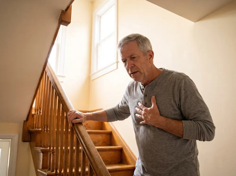 A man in his 60s pausing on the stairs with a hand on his chest