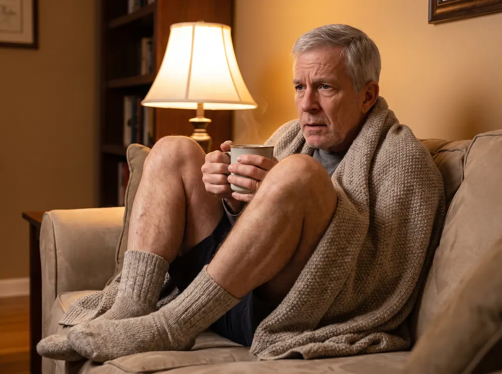 A man in his 60s wrapped in a blanket holding a mug on the couch
