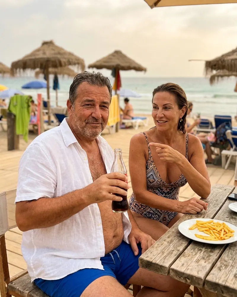 A dad in his 60s at a beach bar with his wife, holding a cola