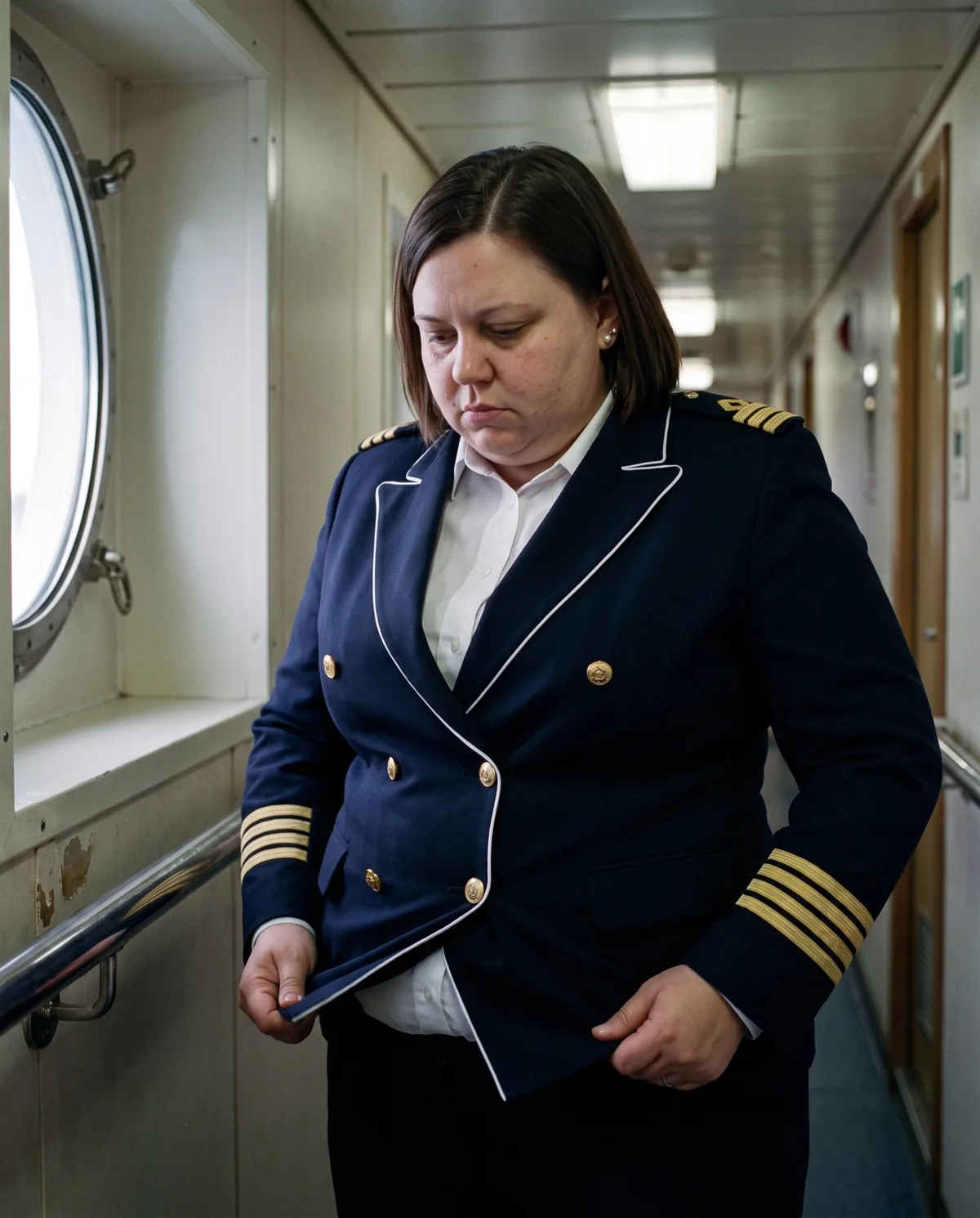The attendant tugging her blazer over her stomach in the crew corridor