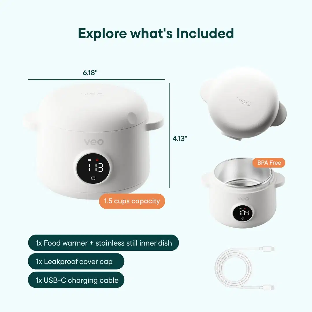 A white portable food warmer displayed with its components: a stainless steel dish, a lid, and a cable.