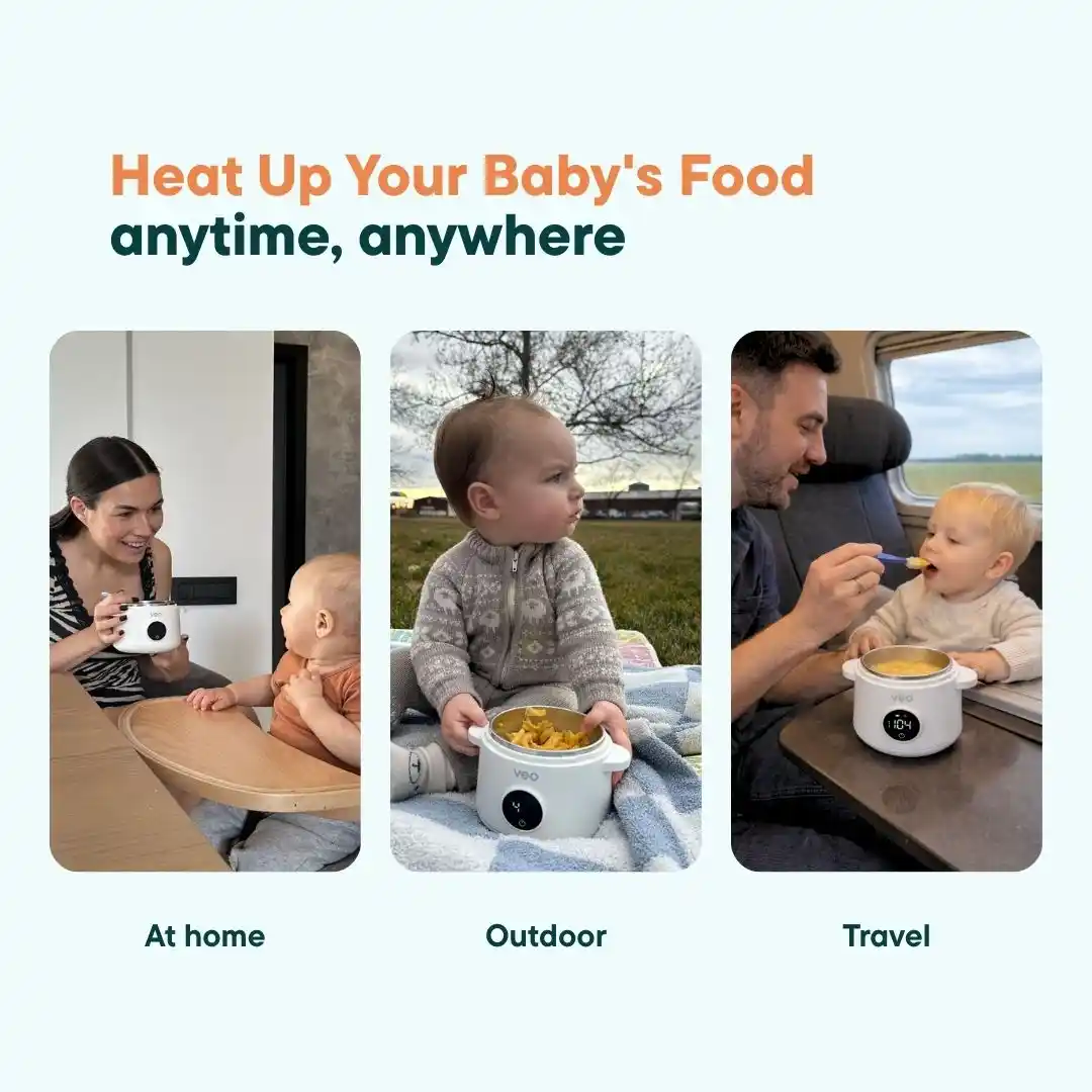 A collage showing babies being fed with a portable food warmer at home, outdoors, and while traveling.