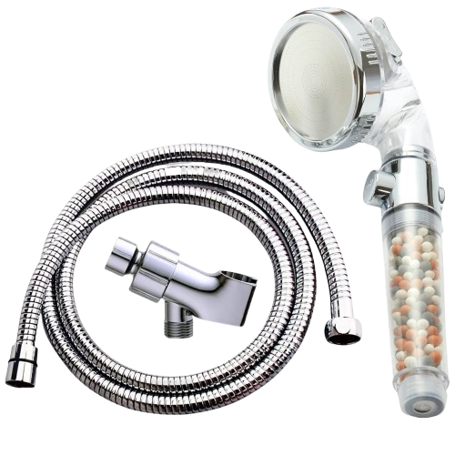 Shower head with mineral beads, metal hose, and wall mount.