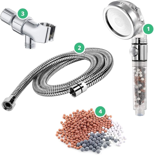 Showerhead set with hose, connector, and mineral beads.