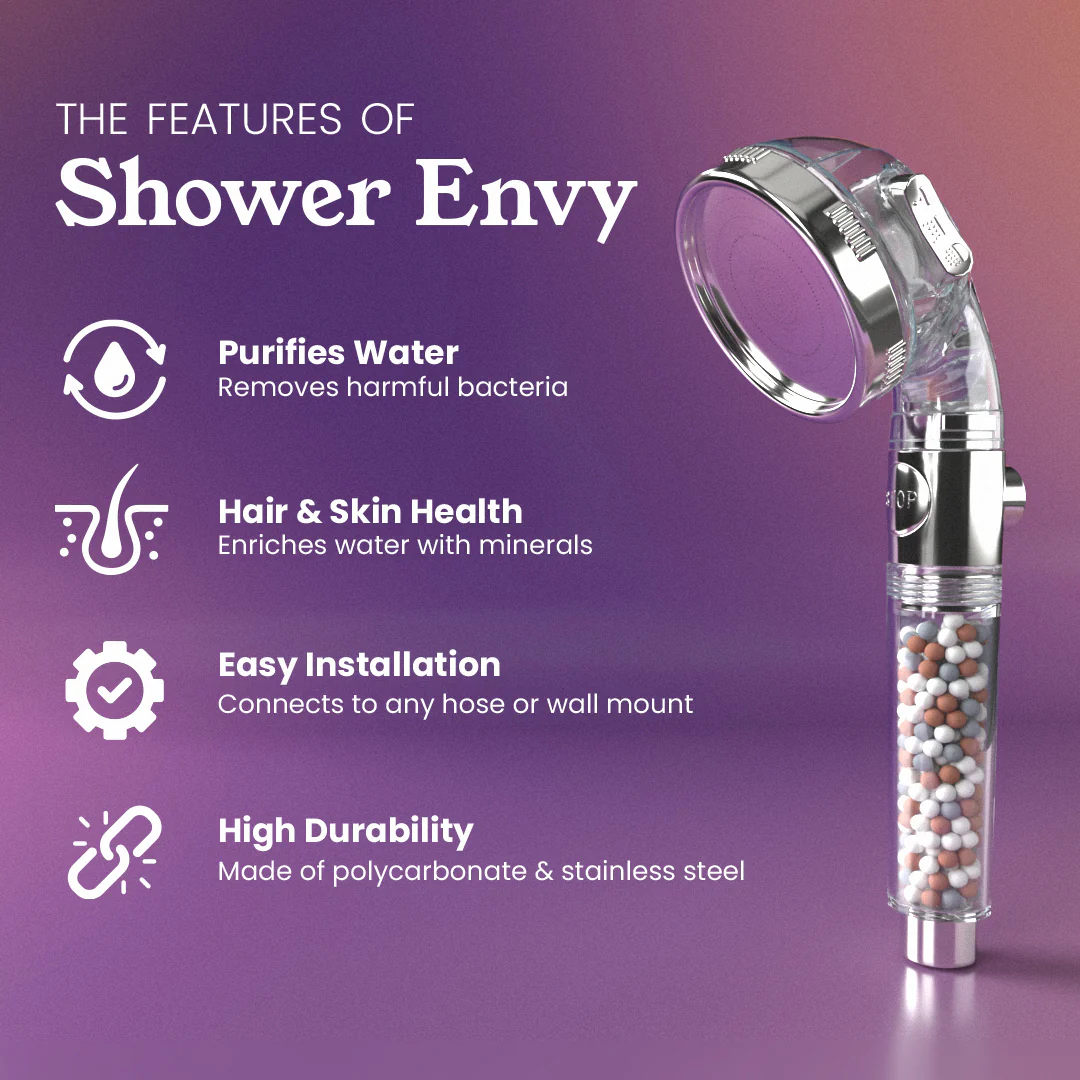 Shower head with features: purifies water, hair and skin health, easy installation, high durability.