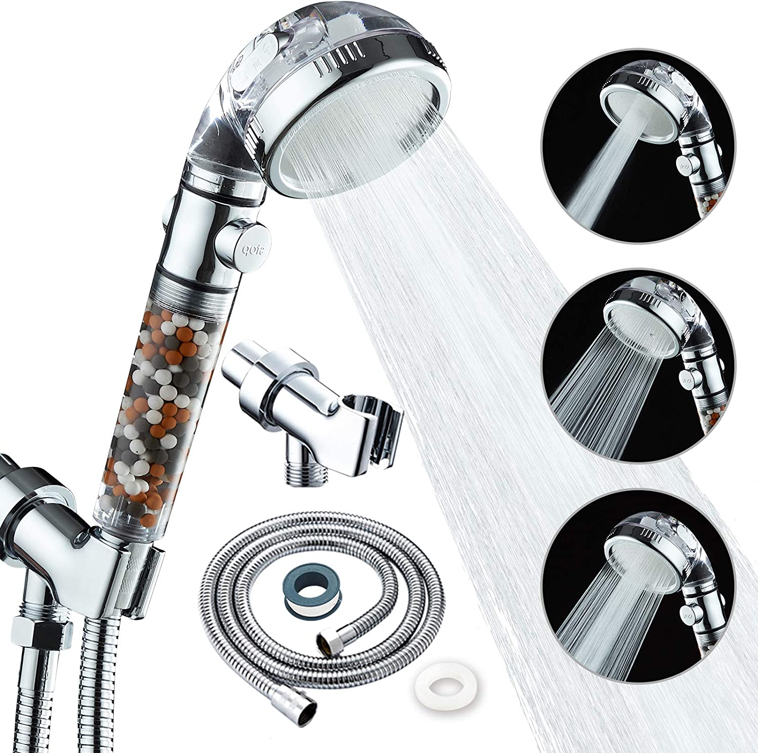Handheld shower head with mineral beads, hose, and mounting bracket.