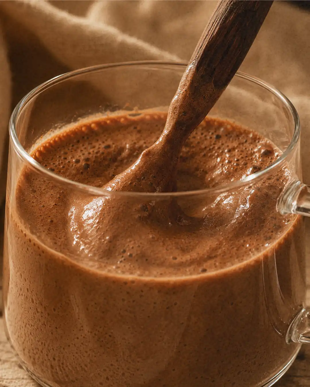 A thick, frothy chocolate drink being stirred with a wooden spoon in a clear glass mug.