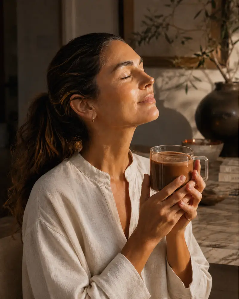A hand holding a clear mug of a frothy brown drink on a rumpled blanket next to a sleep mask.