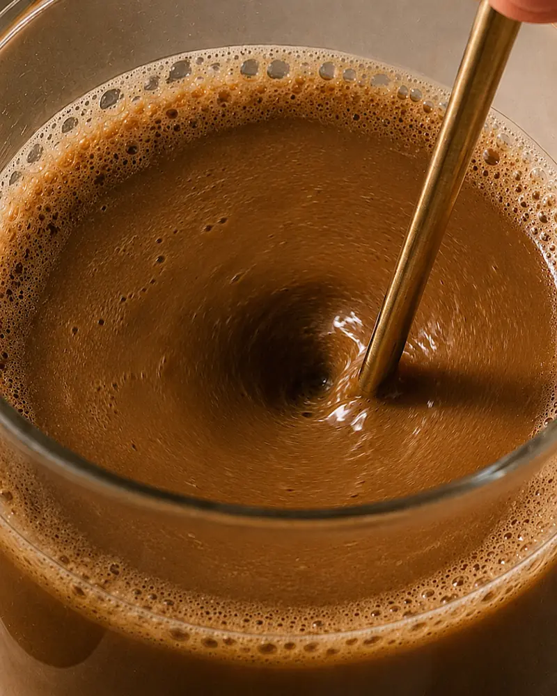 A woman with her eyes closed peacefully holds a glass mug of a brown drink in the sunlight.
