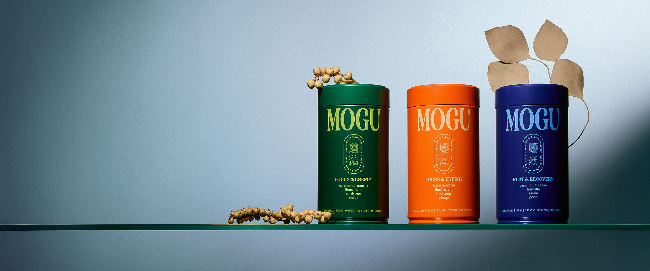 Three colorful Mogu cans on a shelf with natural accents.