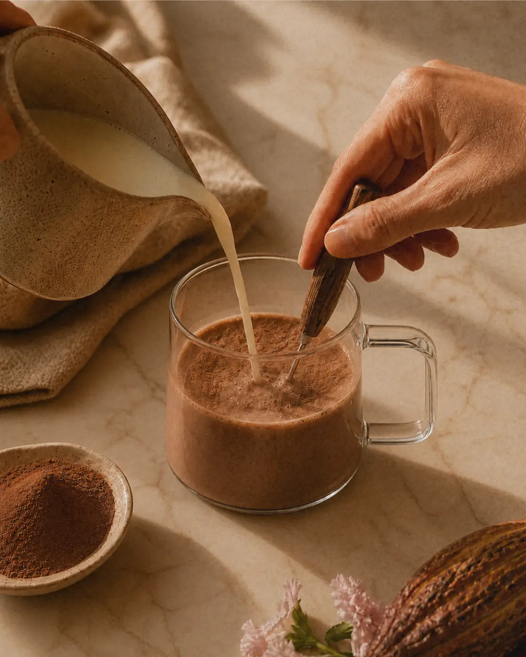 A person pours milk into a glass mug of a chocolate drink while stirring it.