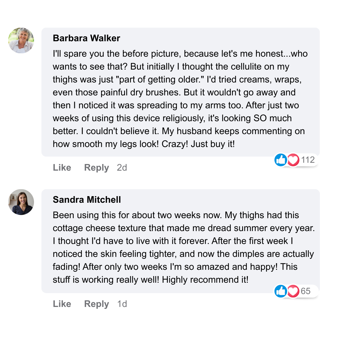 A screenshot of two positive customer testimonials from Barbara Walker and Sandra Mitchell with profile pictures.
