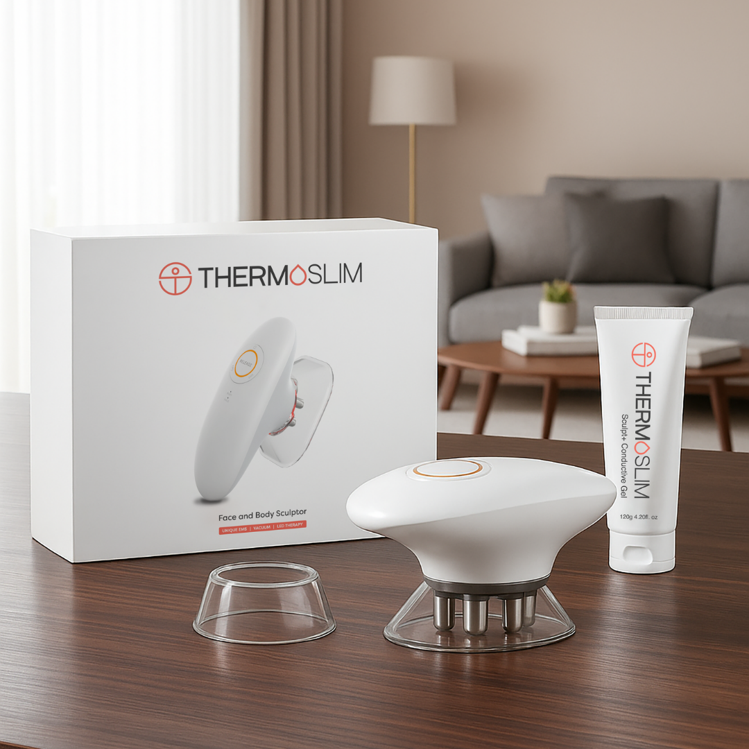 The THERMOSLIM Face and Body Sculptor device with its packaging and conductive gel displayed on a wooden table.