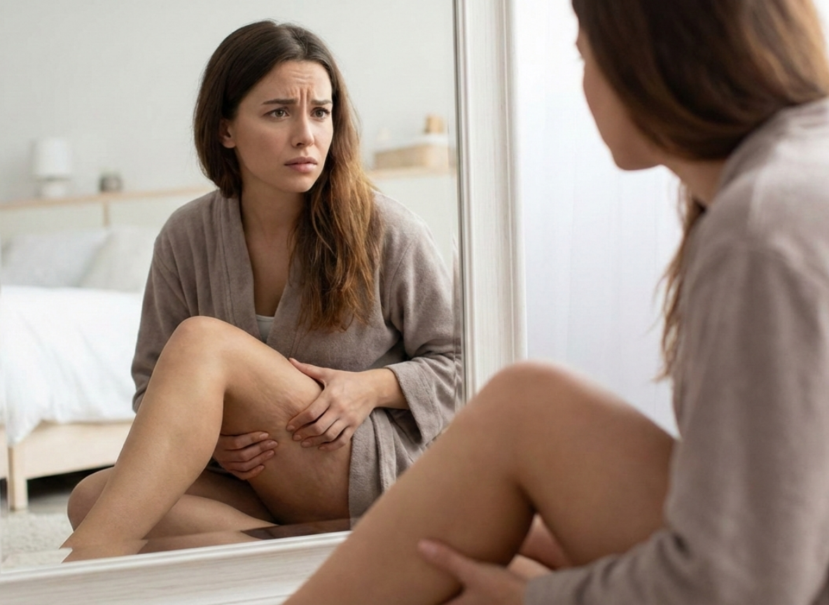 A woman with a concerned expression sits in front of a mirror examining her thigh.