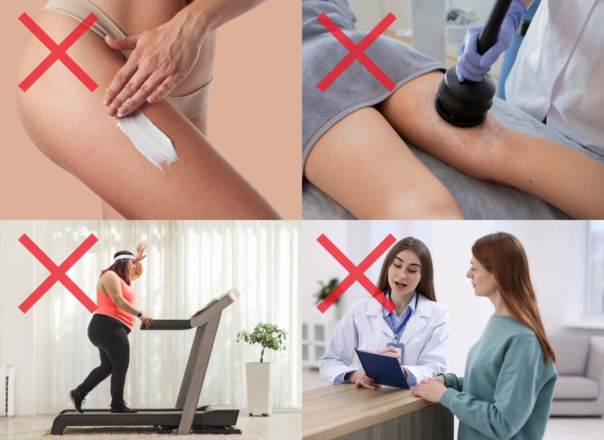 A collage of four images with red X's, showing body treatments, exercise, and a doctor's consultation.