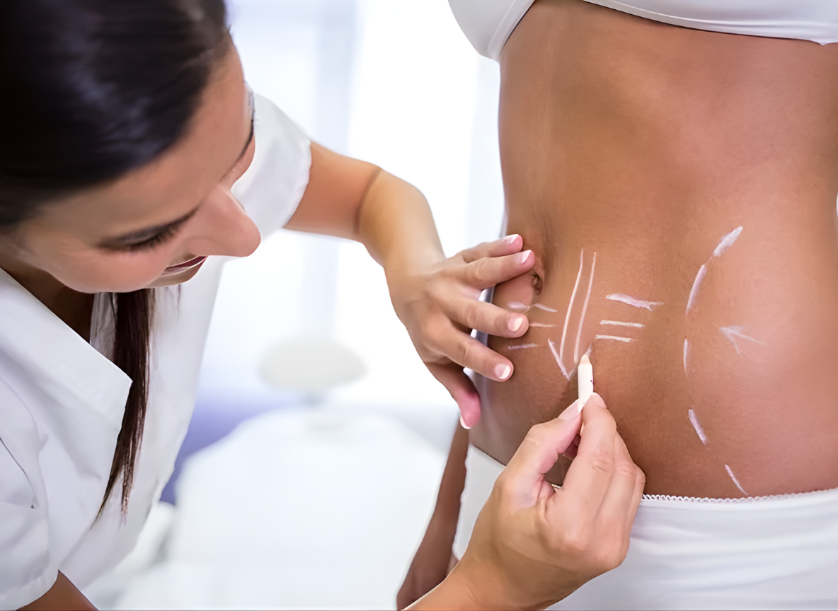 A medical professional uses a white pencil to draw lines on a patient's abdomen before a procedure.