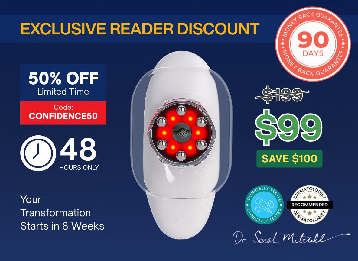 Promotional image for a handheld red light therapy device, showing a 50% off discount and other offer details.
